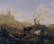 William Romeyn Cattle and sheep by a stream in a pasture,a town beyond oil on canvas